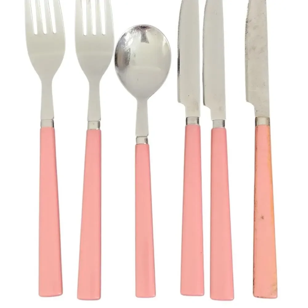 6 Pc Flatware Vtg MCM Stainless Steel Pink Plastic Handle Silverware Thailand